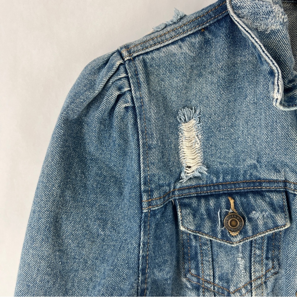 Moon River Light Blue Denim‎ Ripped Distressed Puff Shoulder Jean Jacket Size S - Picture 5 of 16